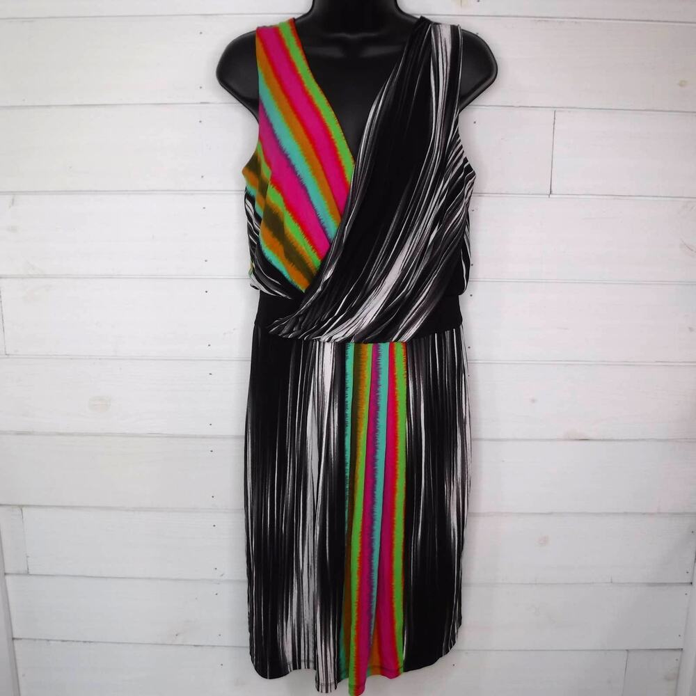 Maggy London Size 8 Black Multicolor Striped Sleeveless Cocktail Dress